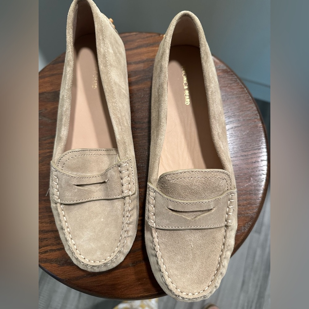 Veronica Beard Suede Penny Loafers Taupe Pristine Condition